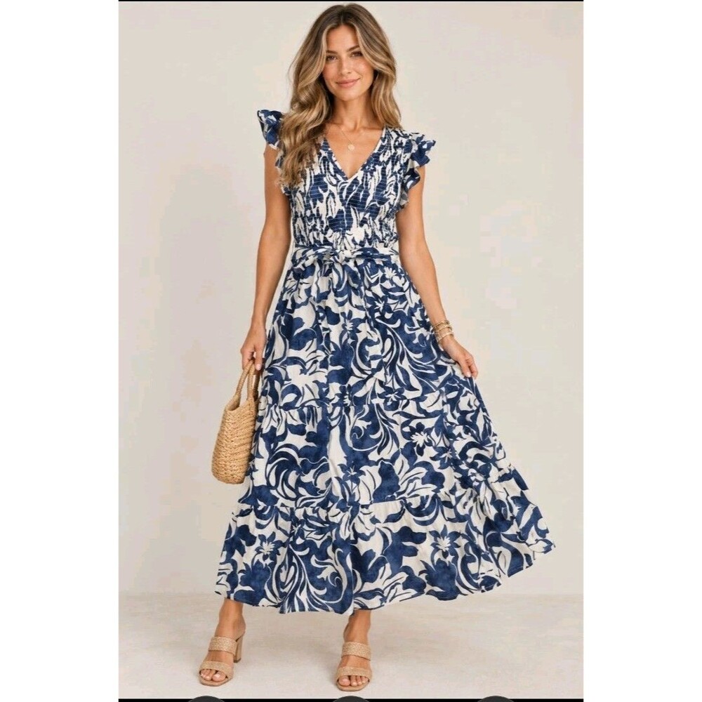 Joie Floral Smocked V-Neck Midi Dress S Blue White Fit & Flare Ruffle